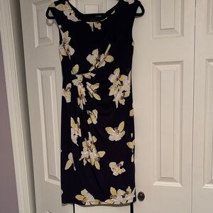 Connected Apparel Navy And Yellow Floral Midi Dress-Sleeveless